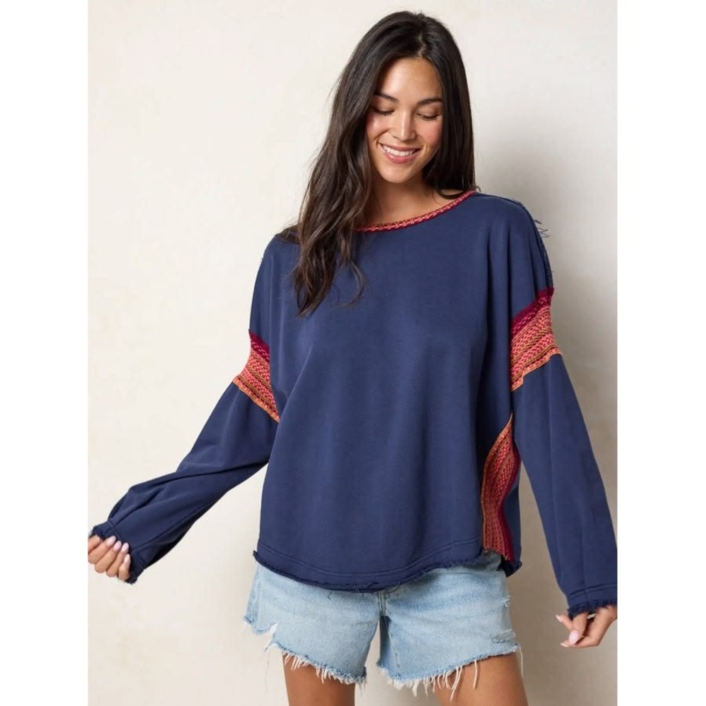 Natural Life Knit Trim Sweatshirt L/XL Boho Raw Edge Oversized Casual Navy Red - Picture 2 of 11